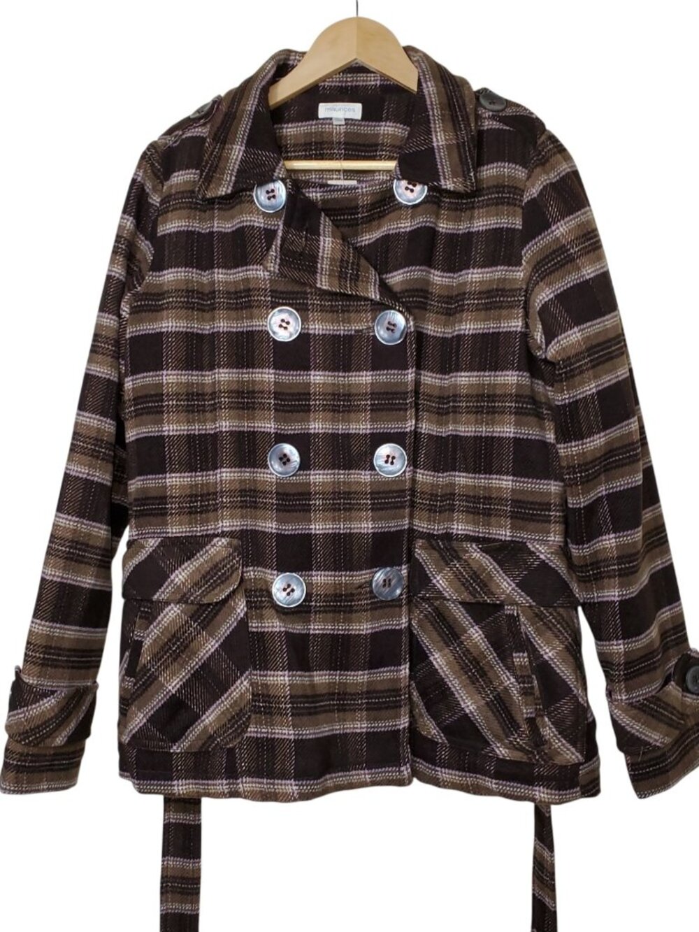 Maurices Women's Brown Plaid Double-Breasted Large Front Buttons Pea Coat Size L